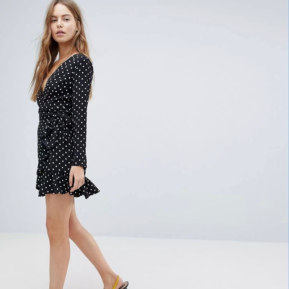 ASOS Bershka Polka Dot Long Sleeve Mini Wrap Dress - Picture 3 of 8